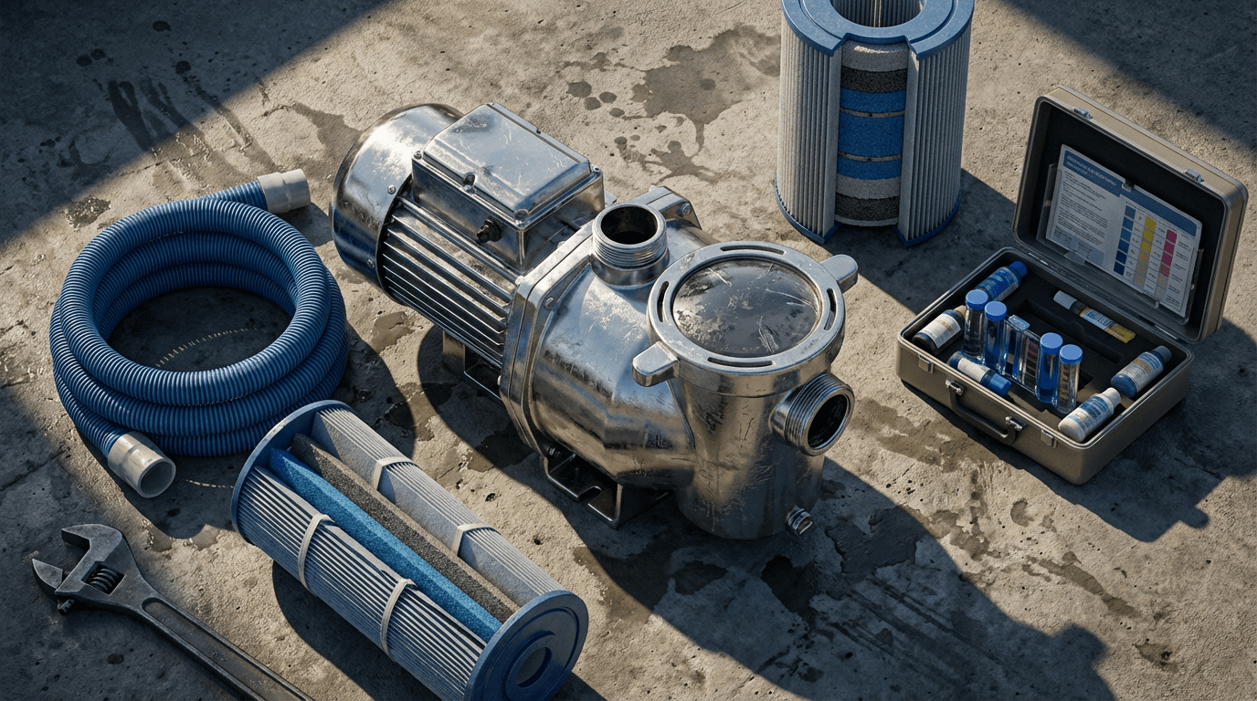 New variable-speed pool pump on concrete floor