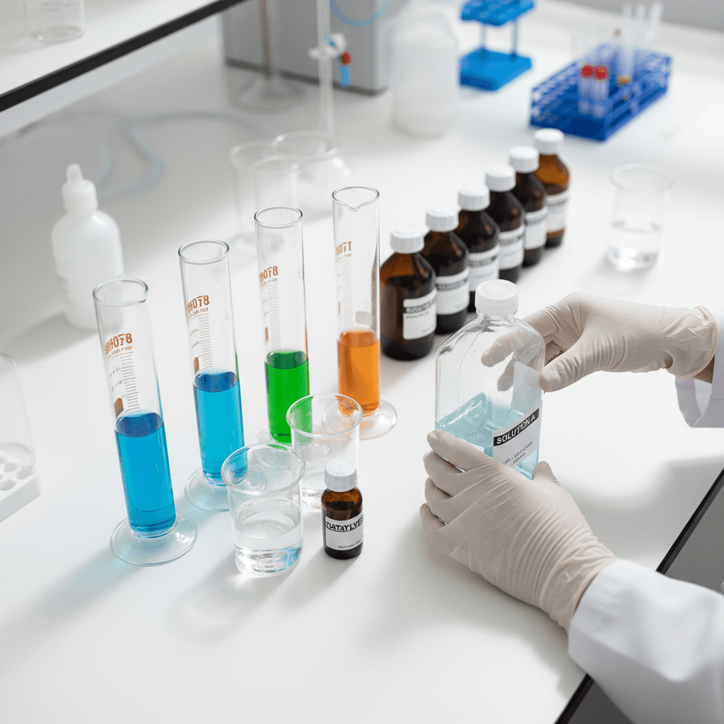 Pool chemicals and testing supplies on a workspace