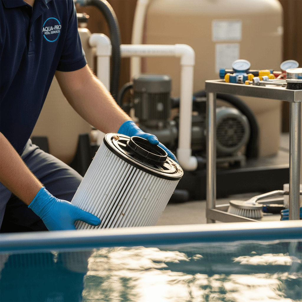 Close-up of a pool contractor's hands holding a pool filter cartridge outdoors